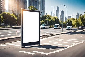 Vertical blank white billboard at bus stop on city street. In the background buildings and road. Mock up. Poster on street next to roadway. Sunny summer realistic HD .