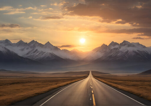 An open road winds its way to the mountains as the sun sets