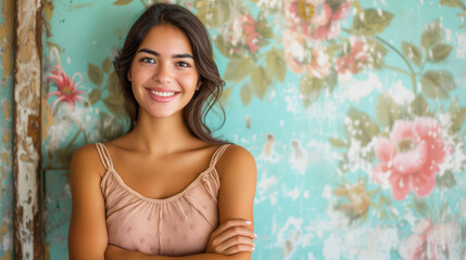 Portrait of a mature cheerful Latin American woman with a pleasant smile and arms crossed on her chest, against a wall in the style of Barely There Florals