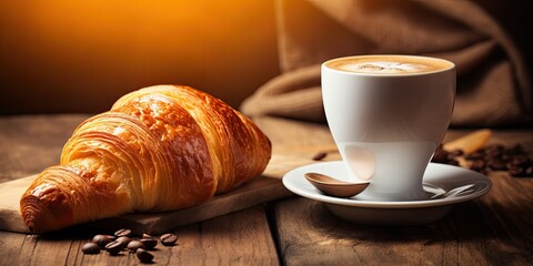 A breakfast with croissants and coffee on a wooden table, offering different choices.