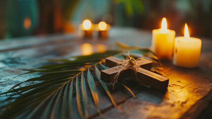 Wooden cross, candle and palm leaves
