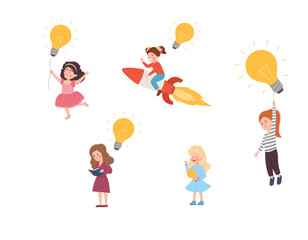 Set of happy child girls with good ideas flat style, vector illustration