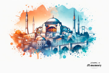 Depict Istanbul's Hagia Sophia and the Bosphorus Bridge in a minimalist watercolour style, using a blend of blues and oranges to reflect the city's unique blend of cultures.