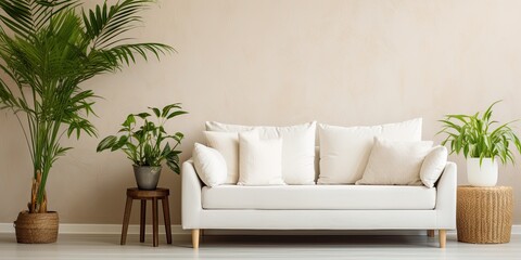 Fototapeta na wymiar White sofa and ottoman with houseplants in living room