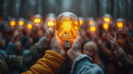 Obraz premium Illuminated Ideas, Crowd Holding Glowing Light Bulbs in Winter Night