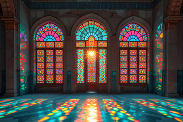 A photograph capturing the intricate patterns of a stained glass window, where geometric shapes and colors are harmoniously balanced in a place of worship.  Generative Ai.