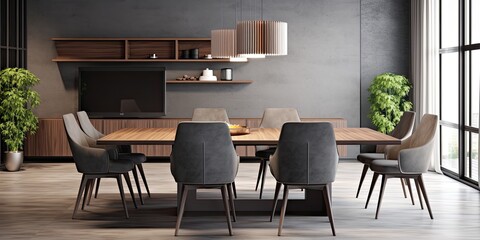 Modern gray dining table with stylish interior and comfortable seating area.