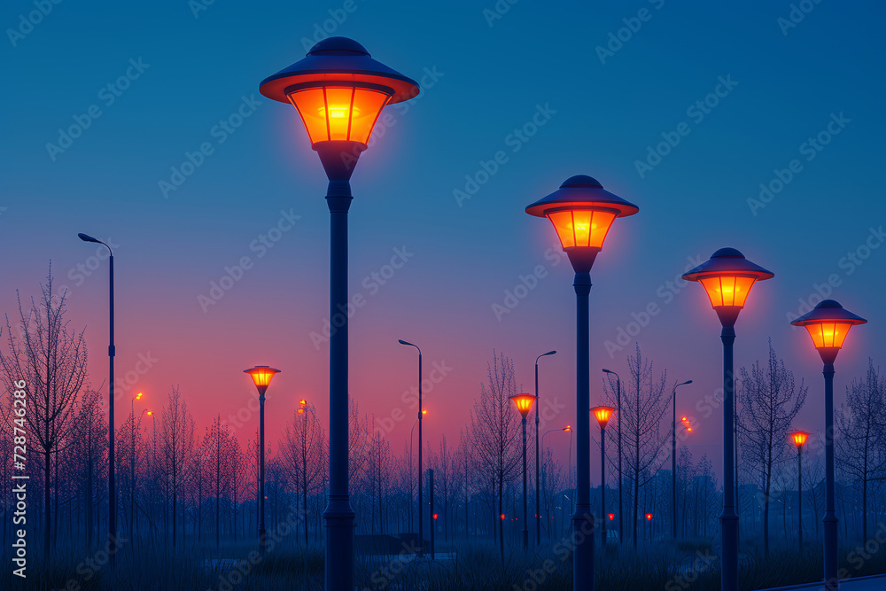 Canvas Prints a photograph featuring a series of aligned street lamps along an urban boulevard, creating a rhythmi