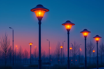 A photograph featuring a series of aligned street lamps along an urban boulevard, creating a...