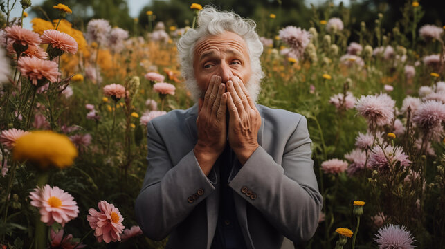 An elderly gentleman standing in a flower meadow and holding his hand over his mouth because he has to sneeze. Made with Generative AI
