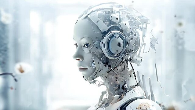 Illustration of a beautiful female white android head. Robotic and artificial intelligence concept.