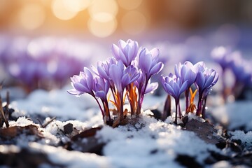 minimalistic design Crocuses - blooming purple flowers making their way from under the snow in...