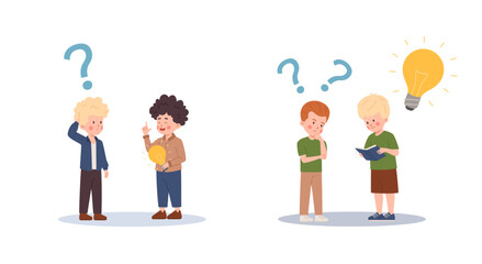 Children learn and think, vector cartoon flat illustration on white.