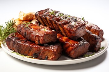 minimalistic design Delicious barbecued spare ribs. Tasty bbq meat, isolated on white background