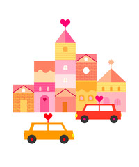 Romantic illustration with colorful houses and cars. Greeting card for Valentine's Day.