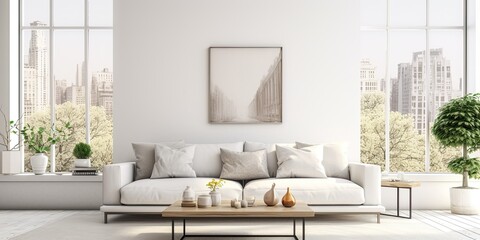 Modern living room with cozy sofa and coffee table by windows in large white-walled apartment.