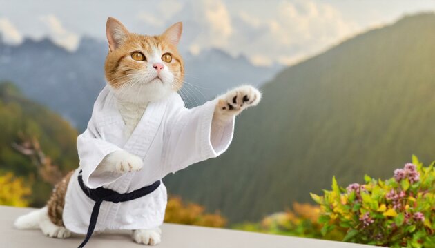 Funny cat in white kimono exercising yoga - Powered by Adobe