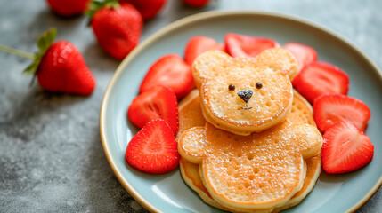 Kid's breakfast. Pancakes in the shape of a funny bear on a light-colored plate with strawberries.