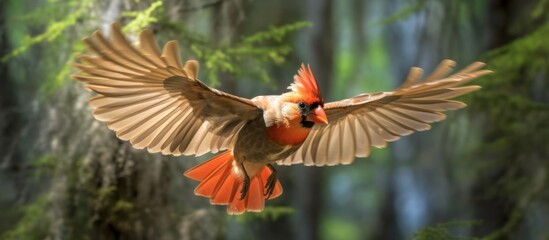 cardinal bird flying in the forest over in river