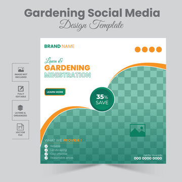 Lawn gardening & Landscaping social media post services. Agro farm services social media banner or Instagram post design template with green layouts.