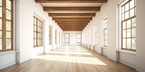 Modern house with white walls, wooden beams, windows, and an empty long hallway.