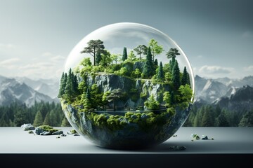 minimalistic design Earth Day - Environment - Green Globe In Forest With Moss And Defocused...