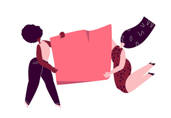 Beautiful Women with Different Beauty,Hair,Skin Color holding Banner,abstract paper with place for text.Invitation for Party,Appeal.Diversity of Women.The Femininity Concept.Vector flat Illustration