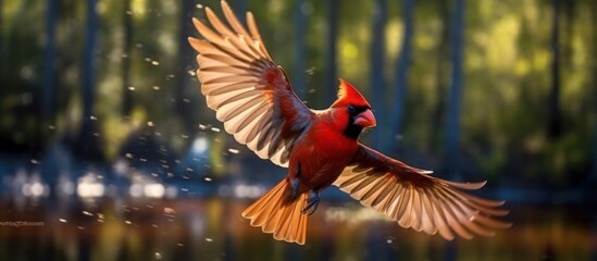 cardinal bird flying in the forest over in river