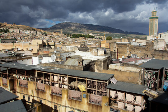 Panoramic of the tanneries of Fez from one of the city's terraces