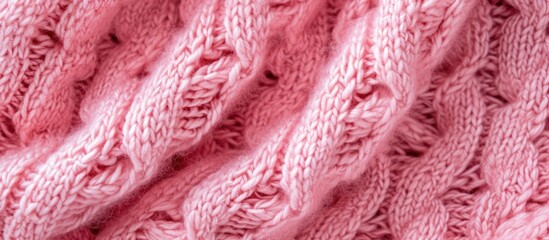 Pink knit blanket with plaid merino wool texture, seen from above, with room for text.