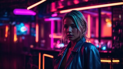Obraz premium portrait of woman in nightclub, ggirl cyberpunk, neon nightclub, neon cyberpunk, cute girl with Sunglasses at night, cyberpunk background