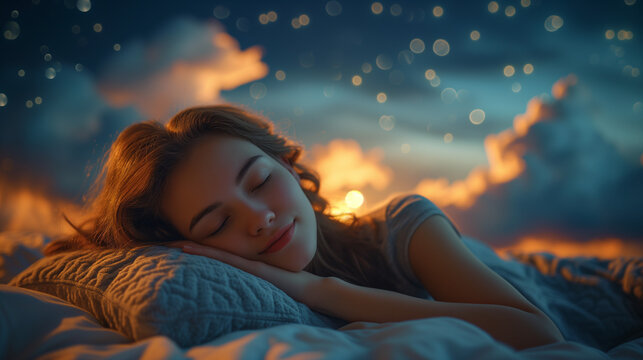 Adorable girl resting and sleeping among fluffy clouds. Concept of good sleep quality, comfort, sleep benefits.