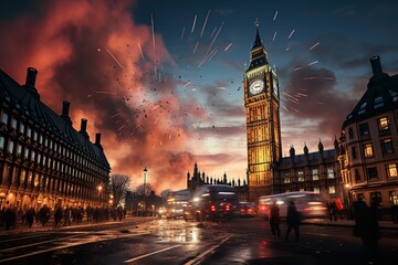 minimalistic design Fireworks and the Big Ben, New Year's Eve. Flashing lights, night, beautiful colors - obrazy, fototapety, plakaty