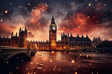 minimalistic design Fireworks and the Big Ben, New Year's Eve. Flashing lights, night, beautiful...