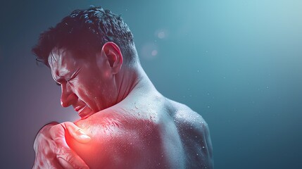 Digitally generated image of man suffering with shoulder inflammation. Inflamed shoulder joint causes persistent discomfort and limited range of motion.