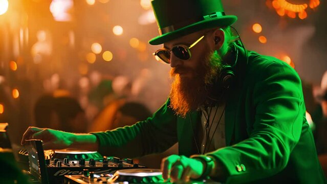 Bearded DJ wears a leprechaun costume and working spinning turntable records at Saint Patrick's Day party