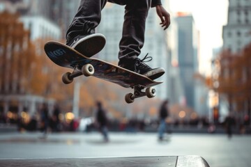 Skateboarder performing a trick in a city skate park - obrazy, fototapety, plakaty