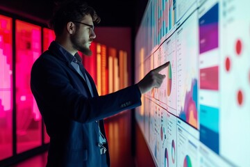 Business analyst visualizing complex data on an interactive infographic display