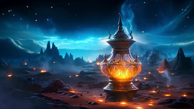 Aladdins mysterious lamp with glowing fire and smoke on magical night sky and desert background