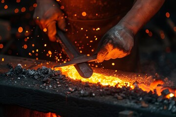 Blacksmith forging a sword in a fiery forge An ancient craft meeting strength and precision
