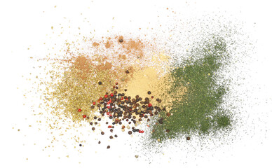 Mixed spice, oregano, cinnamon, colorful peppercorns, ginger and dill isolated on white