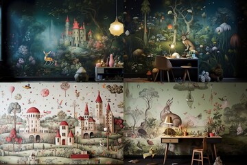 A whimsical fairytale-inspired wallpaper featuring magical creatures and enchanted scenes, perfect for a playful and imaginative space