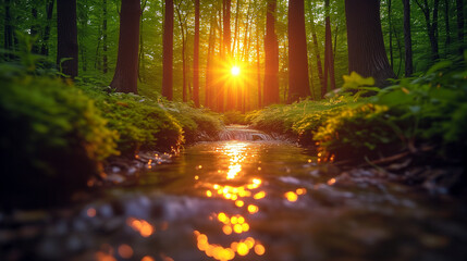 Sunset glows over a small stream in the forest, with golden light reflecting on the water among tall trees