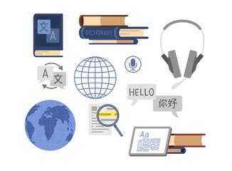 Translators items, set of vector illustrations on white, flat cartoon