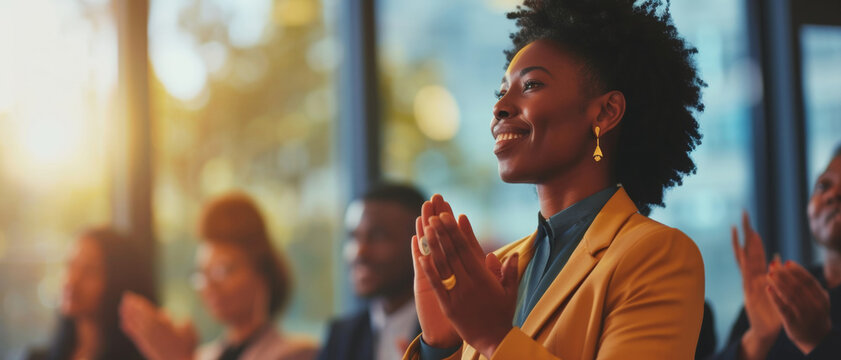 Enthusiastic professional audience clapping, with a focused African American woman in the foreground