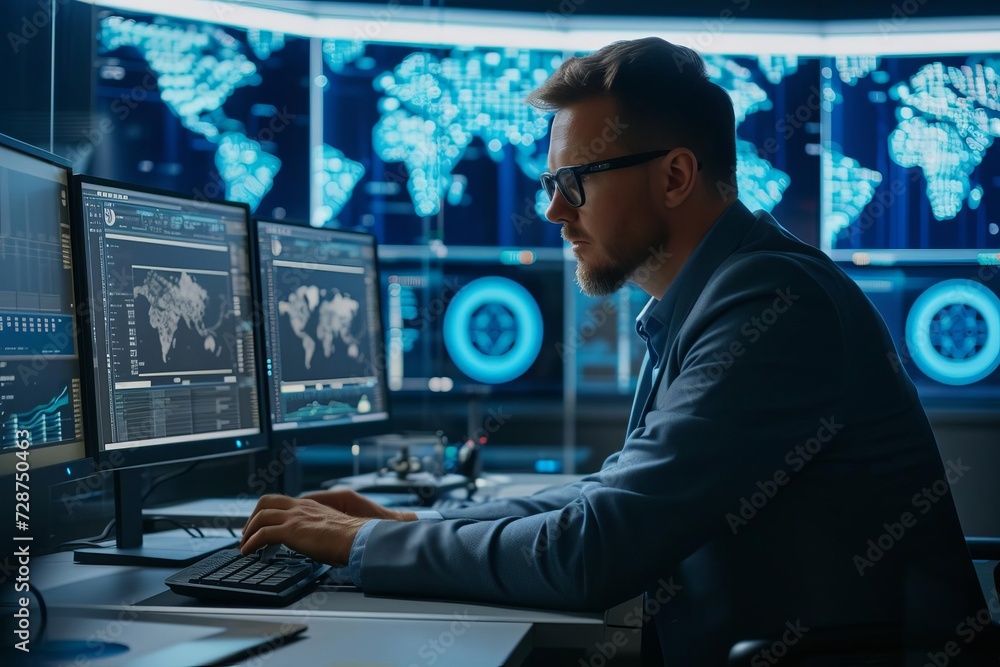 Poster cybersecurity analyst monitoring threats in real-time a sentinel in the digital world