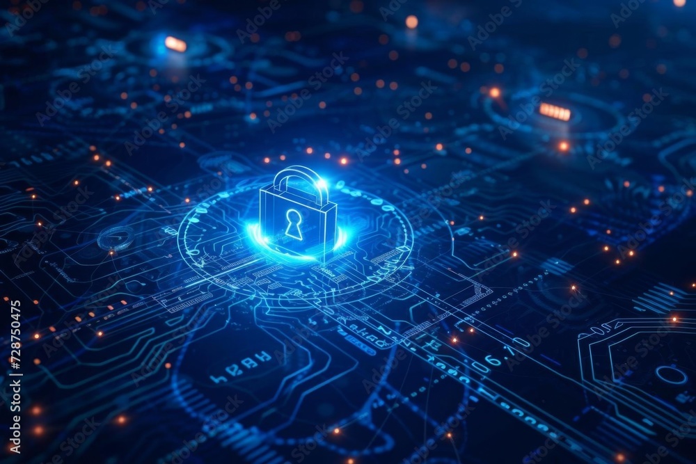 Poster cybersecurity concept digital lock on a virtual interface