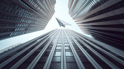 Fototapeta na wymiar paper airplane flies upwards between tall skyscrapers reaching towards a clear sky, seen from a low angle on the ground