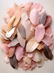 Creamy powder pink color of autumn leaves on the table.