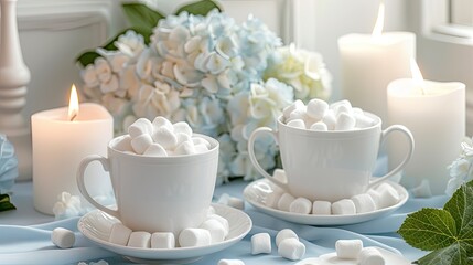 Obraz na płótnie Canvas two white cups filled with marshmallows resting on a table adorned with beautiful hydrangeas, evoking a sense of romanticism and warmth in a serene setting.